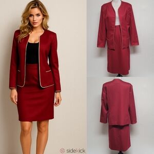 70s Vintage Personal Dark Maroon Knit Open Front Jacket Midi Pencil Skirt Set L